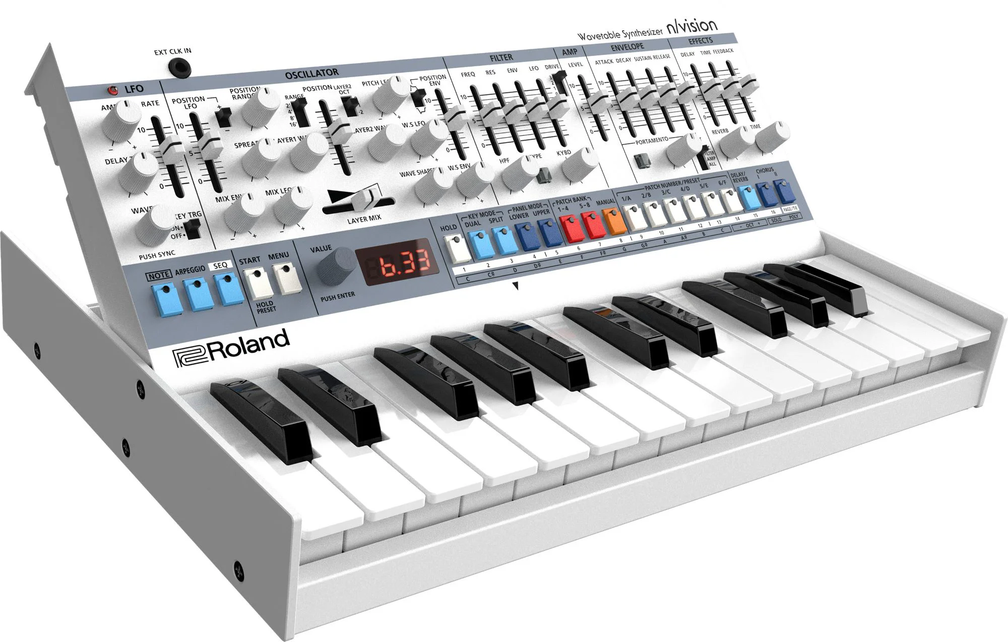 Wavetable-Synthesizer, Keyboard, Weiße Tasten, Schieberegler, Silbernes Gehäuse